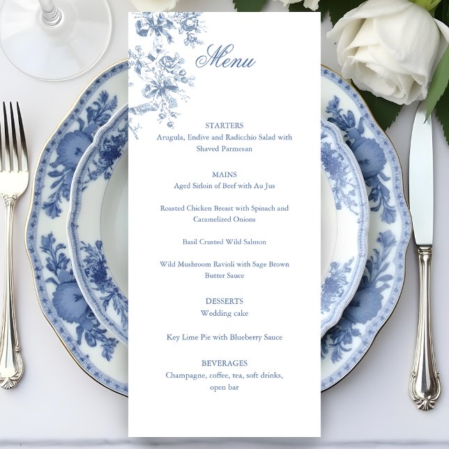 Menu Casamento Clássico Francês com Flores Azuis e Fita (Criador carregado)