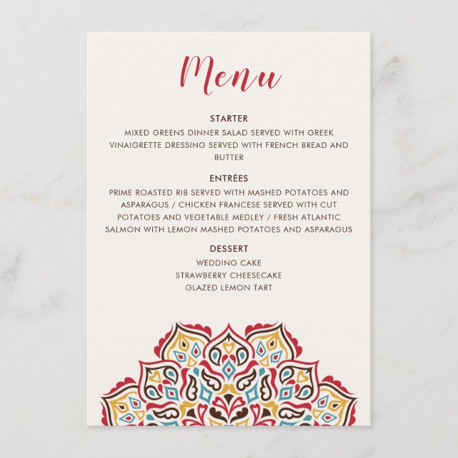 Menu Casamento Clássico Geométrico de Mandala (Frente)