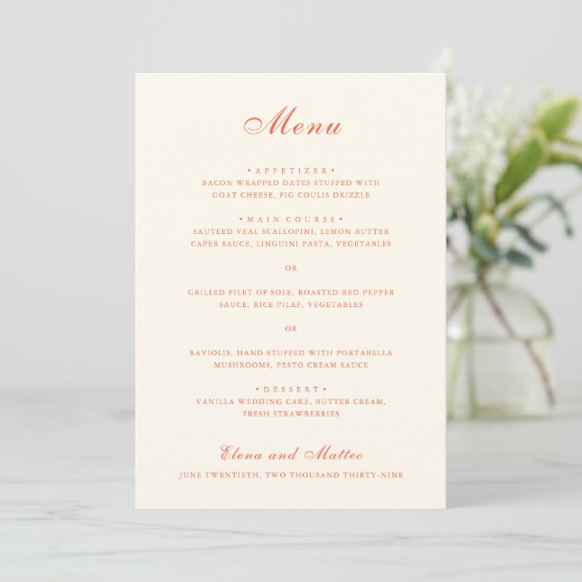 Menu Casamento Clássico Moderno em Terracota Elegante (Em pé/Frente)