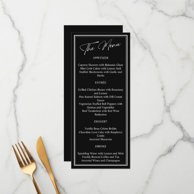 Menu Casamento Clássico Negro e Branco Moderno (Frente/Verso In Situ)