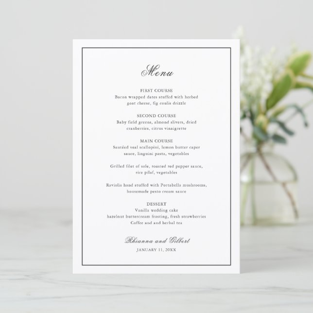 Menu Casamento Clássico Preto e Branco Atemporal (Em pé/Frente)