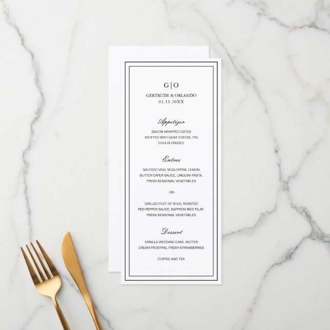 Menu Casamento Clássico Preto e Branco Elegante (Frente/Verso In Situ)
