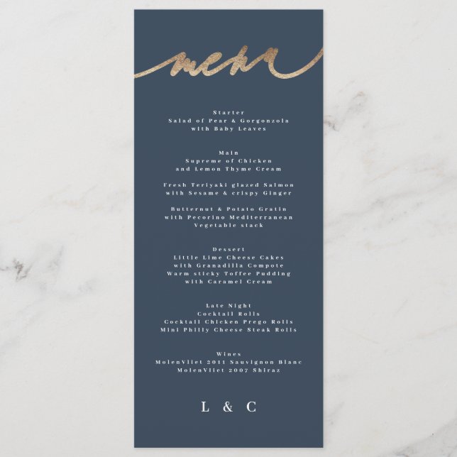 Menu Casamento Clássico Simples Azul-Marinho Dourado (Frente)