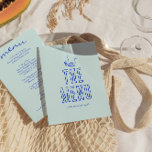Menu Casamento Colorido de Brilho Colorido com Desenho<br><div class="desc">Um retro fedorento, moderno e brilhante menu de janto de casamento. Que apresenta modelo de chic de boho vintage céu azul fundo azul e tipografia azul e cardápio manuscrito em azul e pedaço de bolo desenhado à mão e vidro e flor e vela. E fundo verde brilhante. Perfeito e compatível...</div>