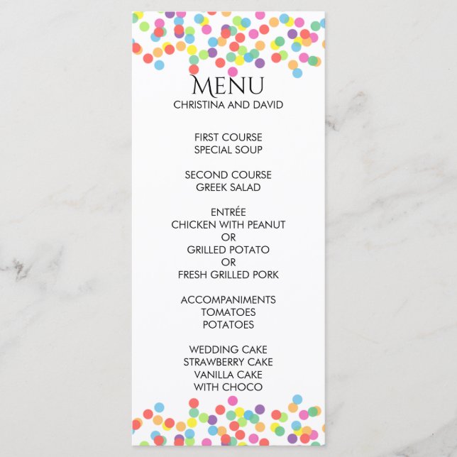 Menu Casamento Colorido de Confetti Rainbow (Frente)