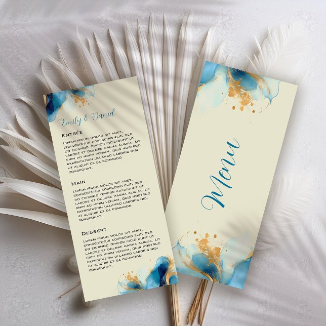 Menu Casamento com abstrato Azul e Dourada Aquarela (Criador carregado)
