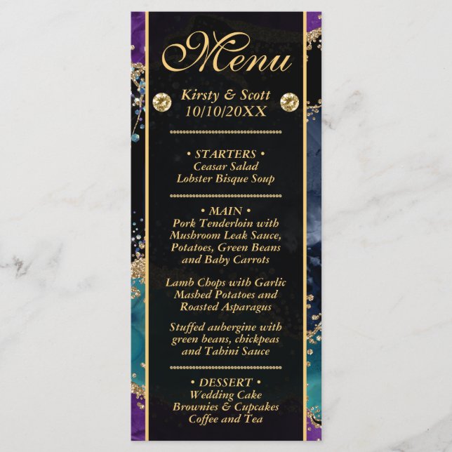 Menu Casamento com Agitação Dourada do Teal Roxo Azul (Frente)