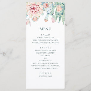 Menu Casamento com água suculenta. Cacto floral rosa