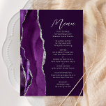 Menu Casamento com ameixa de Prata de Prata Moderna de<br><div class="desc">Este elegante cardápio moderno de casamento apresenta uma cor d'água púrpura e borda agitada com falso brilho prateado. O texto personalizável combina o script de escrita manual de cinzas prateadas e as fontes sans serif em um fundo de ameixa. O design de agato roxo e prateado é repetido no verso....</div>