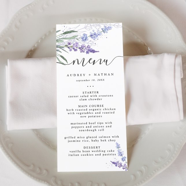 Menu Casamento com Aquarela de Lavanda Elegante (Elegant Lavender Watercolor Wedding Menu)
