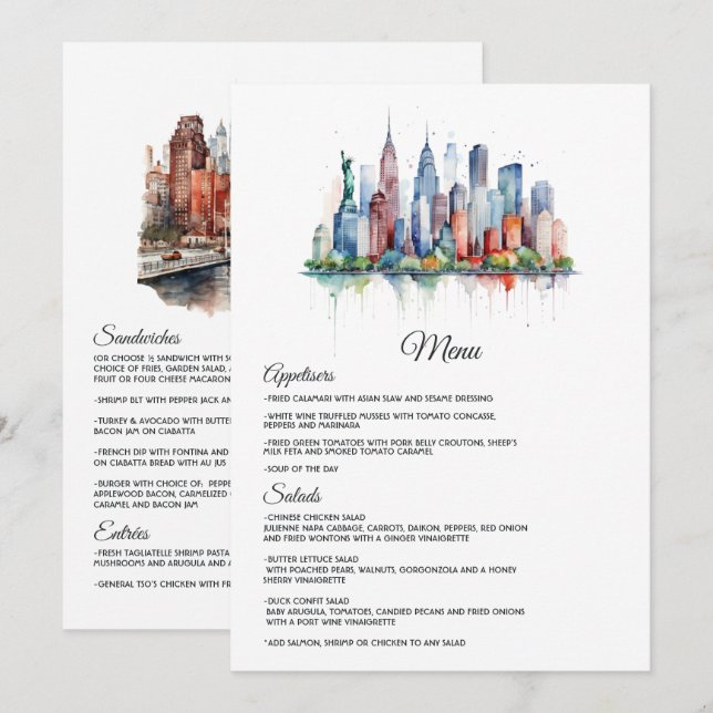 Menu Casamento com Aquarela em Nova York (Frente/Verso)