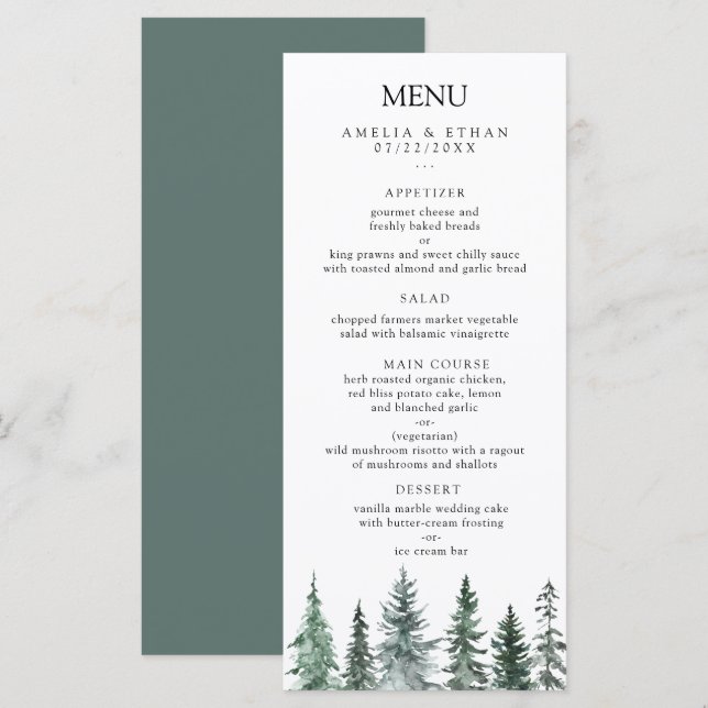 Menu Casamento com Aquarela Florestal de Inverno (Frente/Verso)