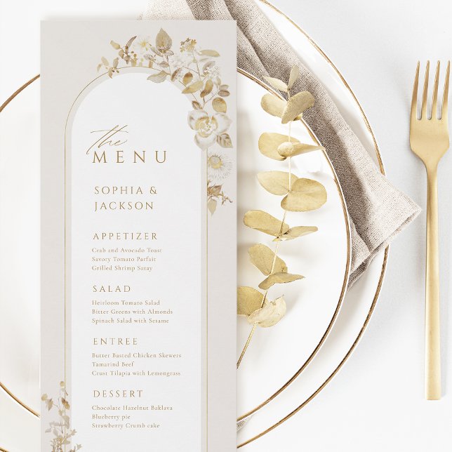 Menu Casamento com Arca Foral Botânica Dourada Elegante (Elegant Gold Botanical Floral Arch Wedding Menu)