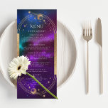 Menu Casamento com Astronomia da Lua Solar Dourada e Ro<br><div class="desc">Cartões de Menu de Casamento de Lua Solar Dourada Teal Roxo Cósmico Astronomy Sun Moon Contém um sol, lua e estrelas com uma estrutura dourada sobre um fundo cósmico roxo, teal e azul colorido, com os detalhes do menu no centro em um roteiro de caligrafia dourada moderno. Personalize editando o...</div>