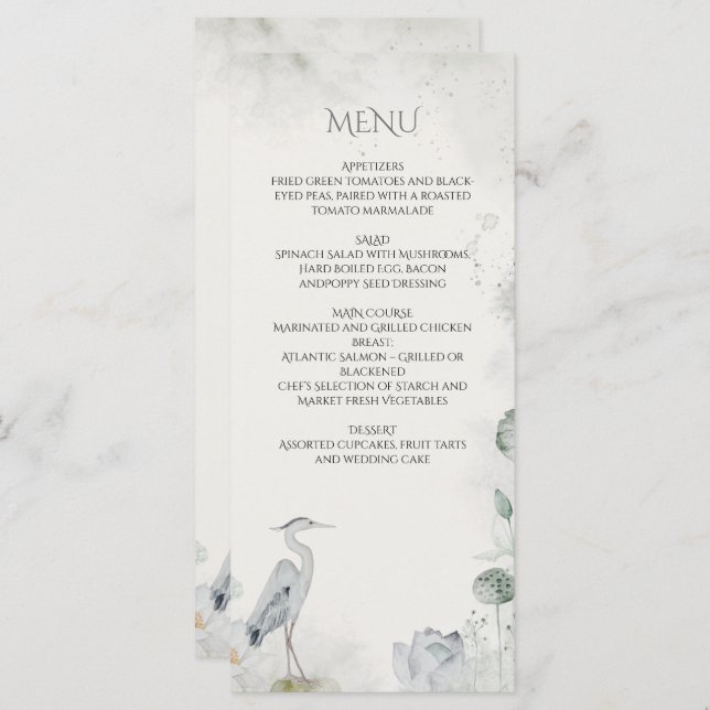 Menu Casamento com aves aquáticas brancas etéreas (Frente/Verso)