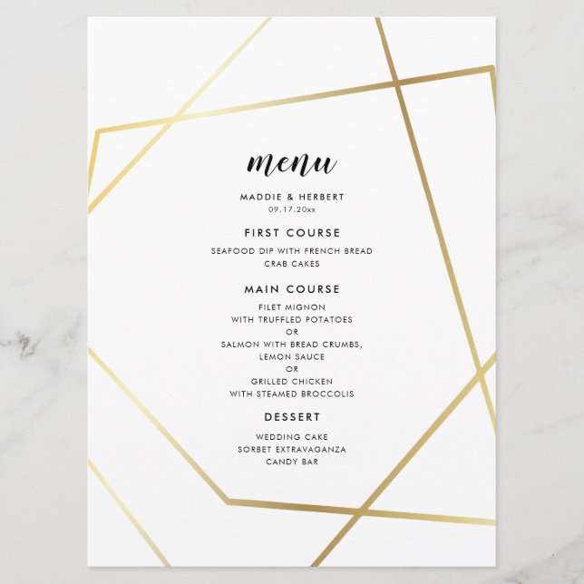 Menu Casamento com base em ouro geométrico moderno (Frente)