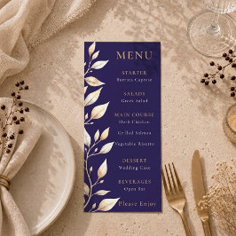 Menu Casamento com Borda Botânica Azul Elegante