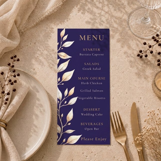 Menu Casamento com Borda Botânica Azul Elegante (Criador carregado)