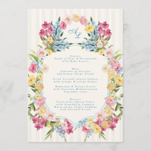 Menu Casamento com Brasão Vintage Monograma Floral Azul