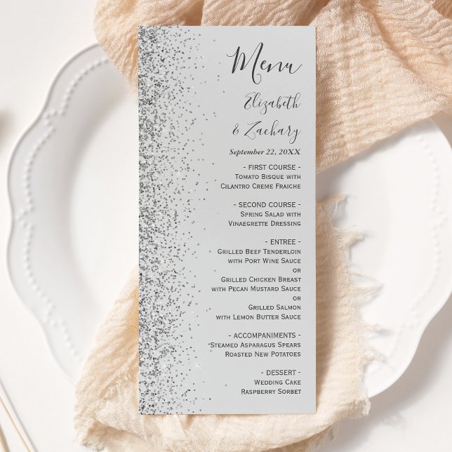 Menu Casamento com Brilho Prateado Cinza Pálido Moderno (Criador carregado)