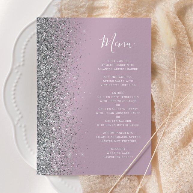Menu Casamento com Brilho Prateado Lilás Empoeirado (Criador carregado)