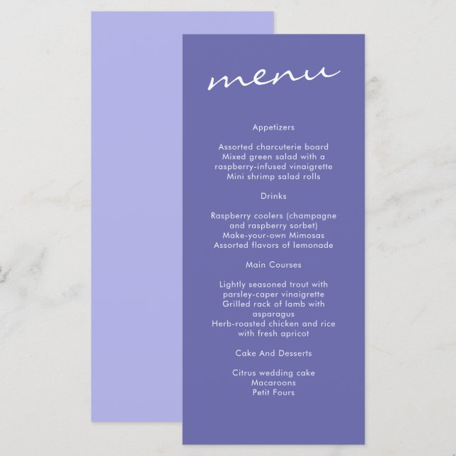 Menu Casamento com Caligrafia Azul Elegante Periwinkle (Frente/Verso)