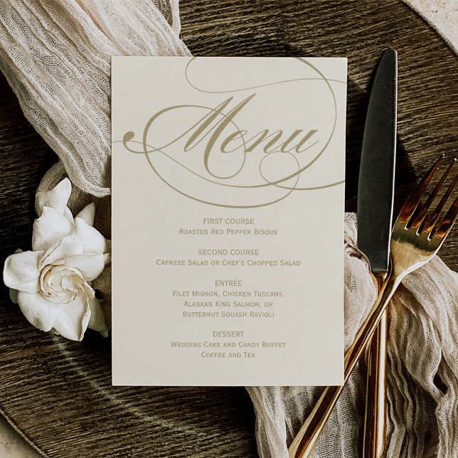 Menu Casamento com Caligrafia Elegante em Marfim e Dour (Criador carregado)