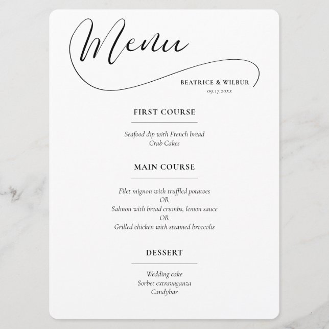 Menu Casamento com caligrafia romântica elegante (Frente)