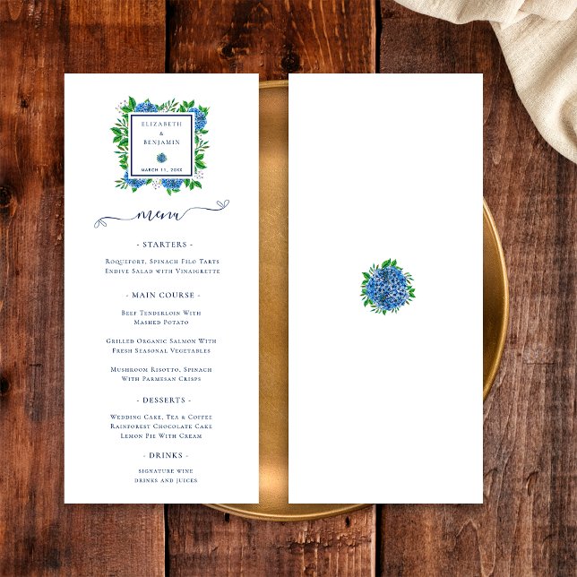 Menu Casamento com Cor de Água de Hydrangeas Azuis Eleg (Front/Back)