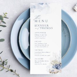 Menu Casamento com coral de aquarela azul e conchas