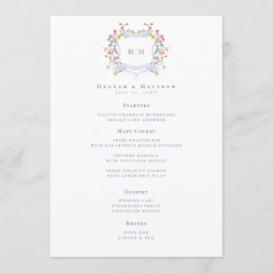 Menu Casamento com Crista de Flor Silvestre Pastel Azul