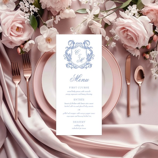 Menu Casamento com Crista de Monograma Azul Elegante Po (Criador carregado)