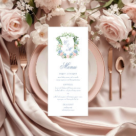 Menu Casamento com Crista Floral Azul Empoeirado