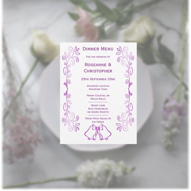 Menu Casamento com Design de Rolagem de Bells Roxos (Purple wedding menu card bells and scrollwork design)