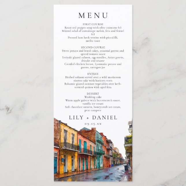 Menu Casamento com Destino em Aquarela em Nova Orleans (Frente)