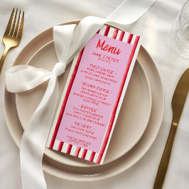 Menu Casamento com Escrita à Mão Rosa e Listras Vermelh