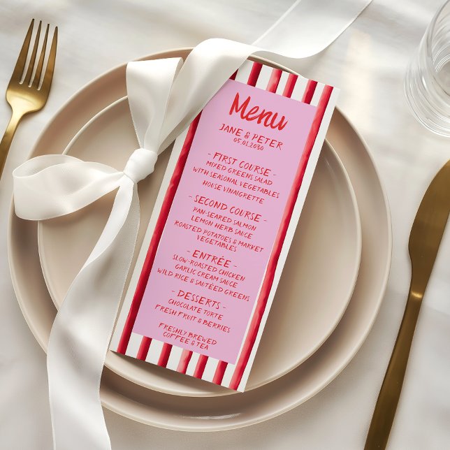 Menu Casamento com Escrita à Mão Rosa e Listras Vermelh (Criador carregado)
