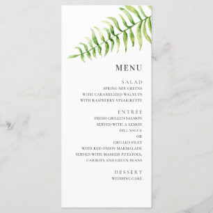 Menu Casamento com fern de aquarela. Floresta verde bot