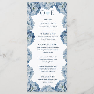 Menu Casamento com Fita de Hortênsia Azul Elegante