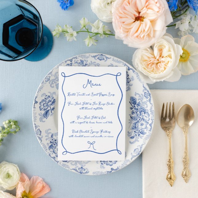 Menu Casamento com Fita e Laço Azul Francês Doodle (Criador carregado)