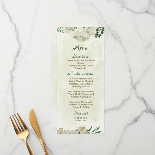 Menu Casamento com flores brancas de marfim (Frente/Verso In Situ)