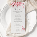 Menu Casamento com Flores de Cereja Rosa Floral<br><div class="desc">Um moderno e elegante cartão de cardápio floral,  com flores de cereja cor-de-rosa penteada e caligrafia moderna em uma textura de papel feita à mão.</div>
