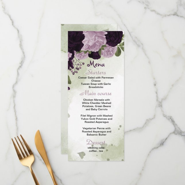 Menu casamento com flores roxas (Frente/Verso In Situ)