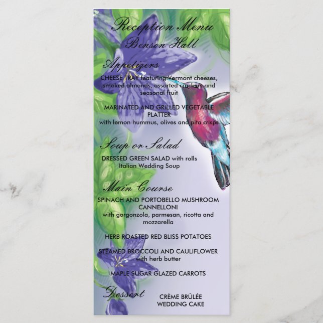 Menu casamento com flores roxas elegantes de beija-flor (Frente)