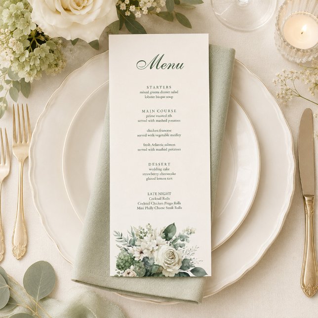 Menu Casamento com Flores Verde Sálvia Boho e Marfim (Boho Sage Green and Ivory Flowers Wedding Menu on an elegant wedding dinner table with flowers)
