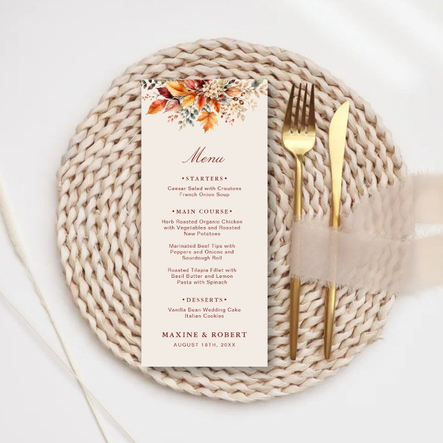 Menu Casamento com Folhagem de Outono Elegante em Aquar (Elegant autumn foliage watercolor wedding menu with timeless seasonal charm.)