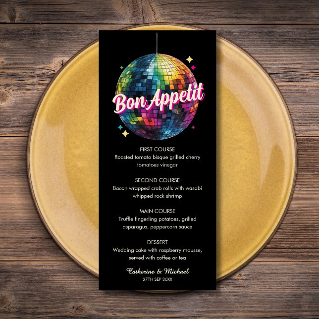 Menu Casamento com Gelado de Gelado de Espetáculo de Bo (Flat lay retro 70s disco ball wedding dance themed wedding sparkle vintage party glam festive Menu)