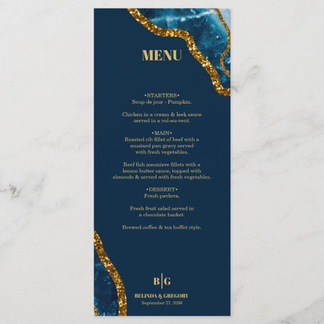Menu Casamento com Glitter de Geodo Agato Azul e Dourad (Frente)