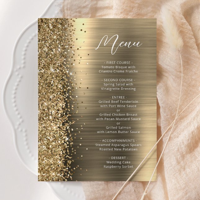 Menu Casamento com Grafia Glam Glitter Dourado Elegante (Criador carregado)