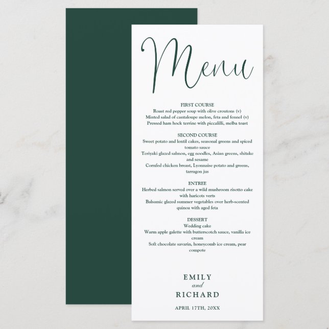 Menu Casamento com Grafismo em Caligrafia Verde Esmeral (Frente/Verso)